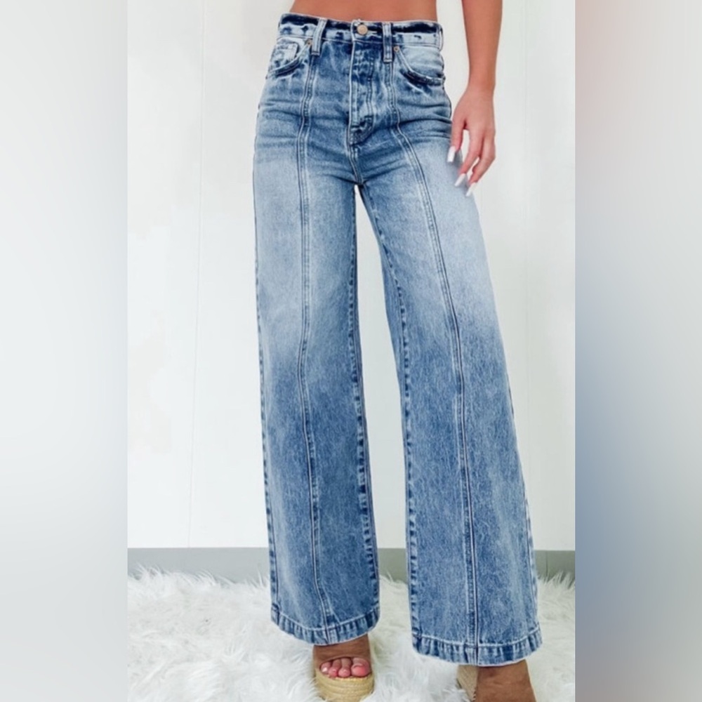 Denim blue seamed wide leg high waist jeans